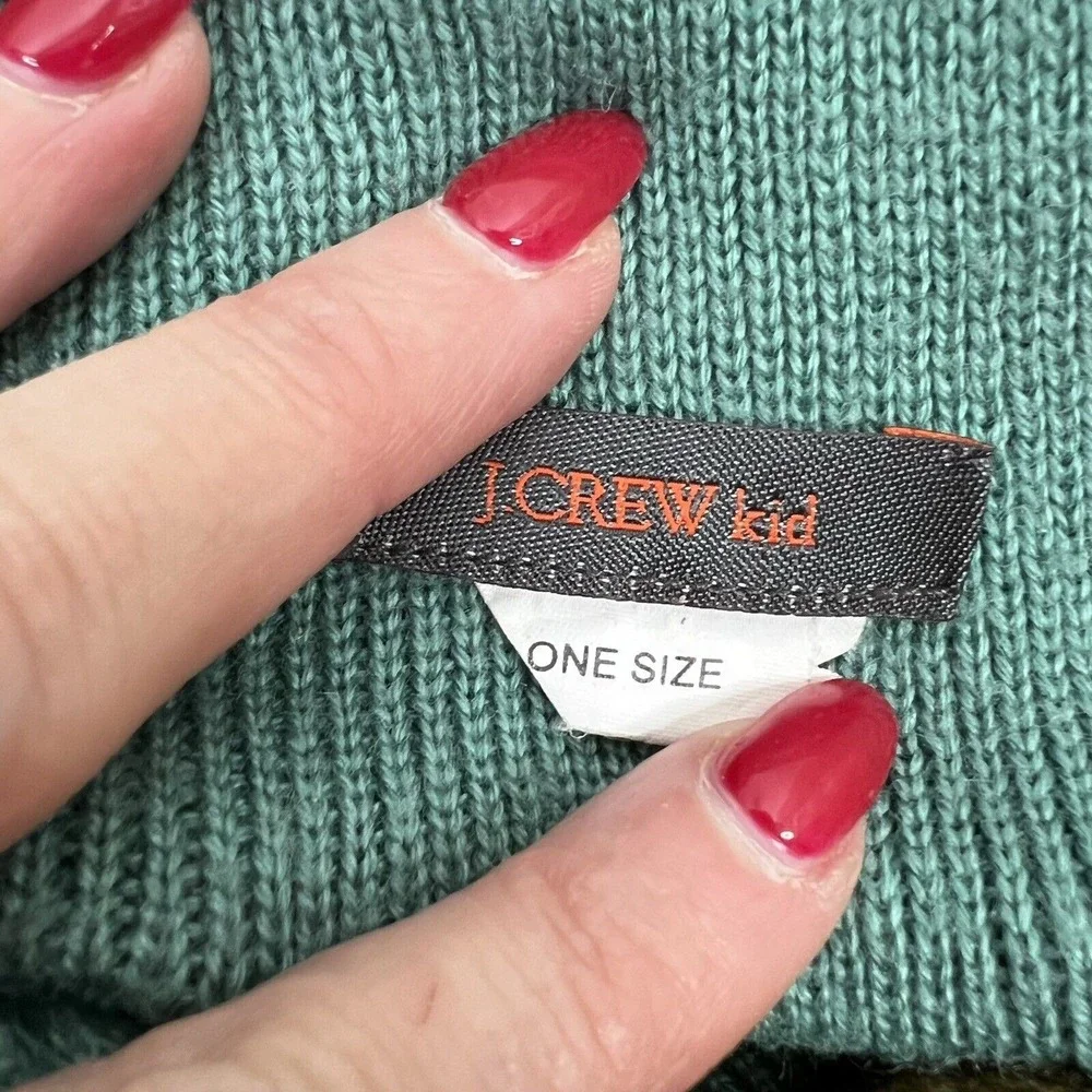 J. Crew Kid One Size Scarf Green Teal Knit Wool Blend Pom Pom Winter Accessory